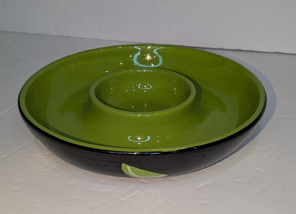 Crate & Barrel Black Ceramic Lime & Margarita Salter Sugar Divided Dip Bowl EUC